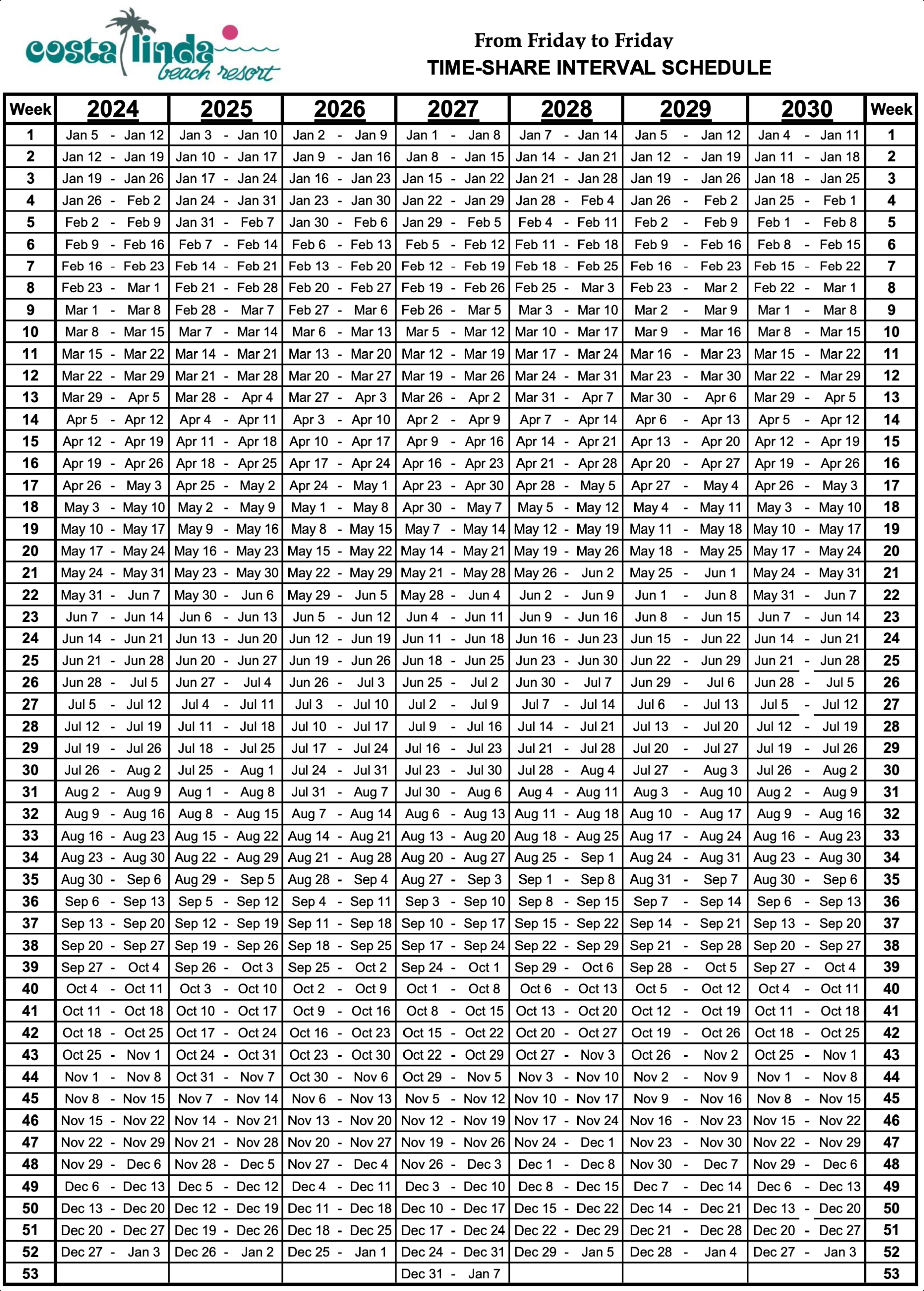 Timeshare Calendar - Costa Linda Beach Resort | Printable 2024 Timeshare Calendar