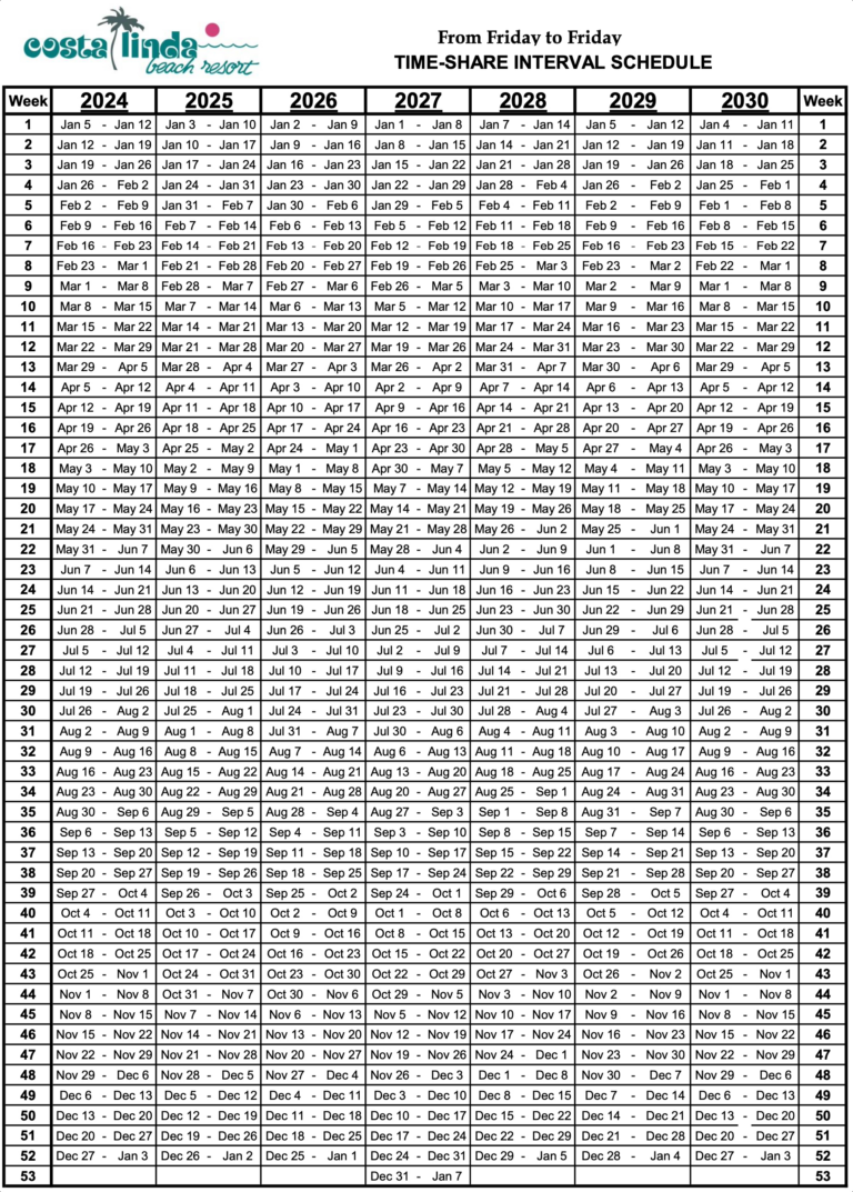 Timeshare Calendar - Costa Linda Beach Resort | Rci Timeshare Calendar 2024 Printable