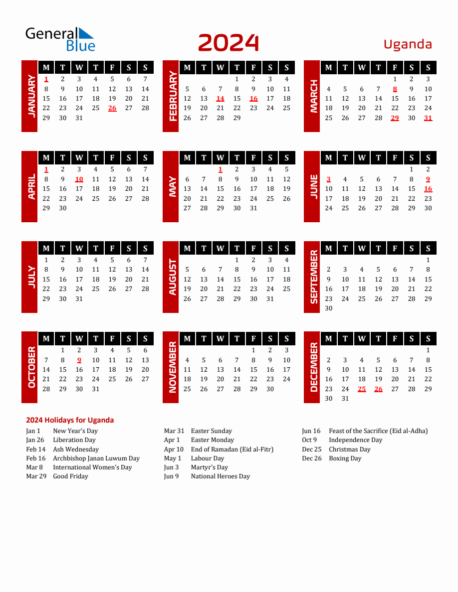 Uganda 2024 Yearly Calendar Downloadable | School Calendar 2024 Uganda Printable