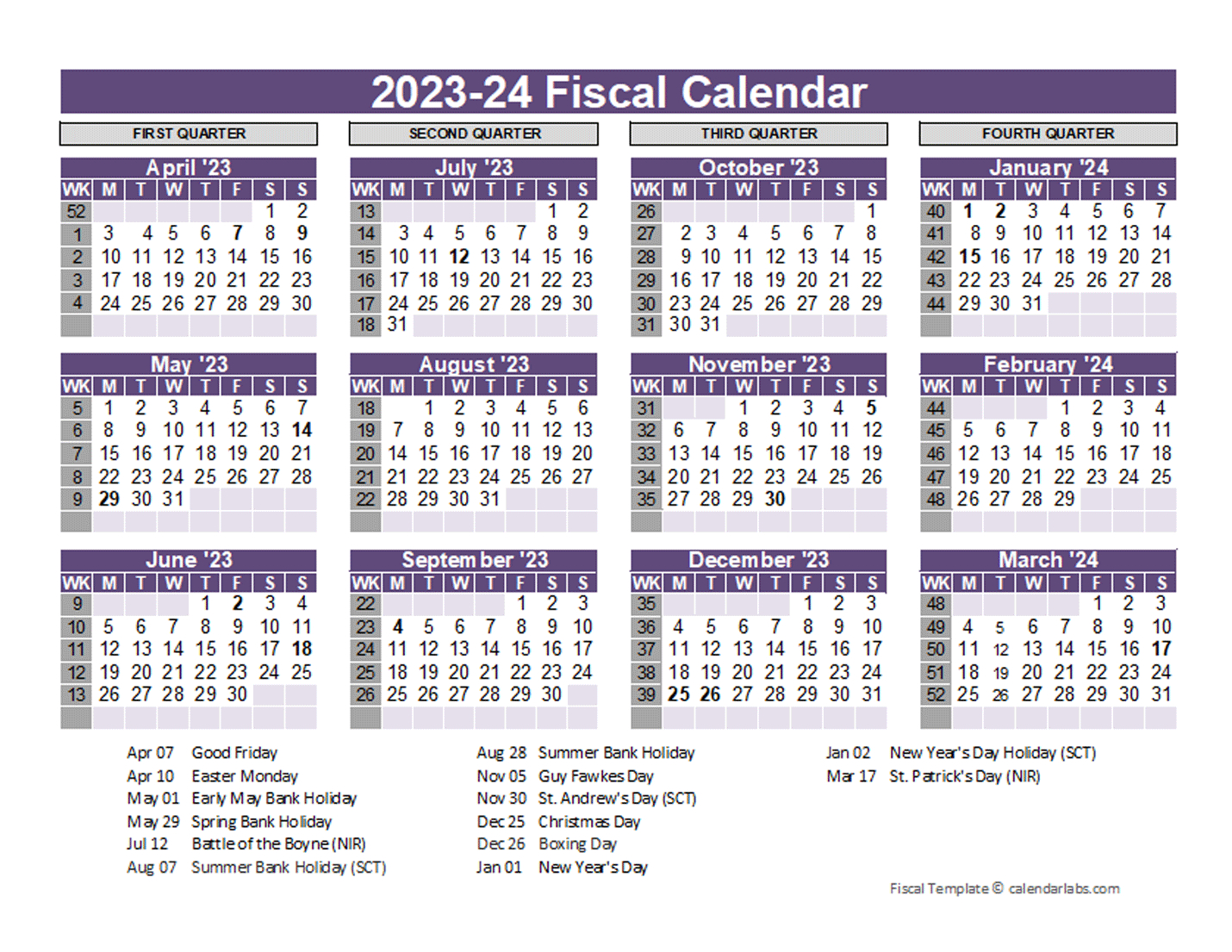 Fiscal Year 2024 Calendar Excel Printable Calendar 2024