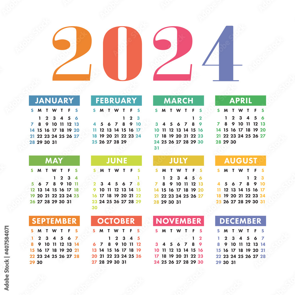 Vecteur Stock Calendar 2024. English Colorful Vector Square Wall | Calendar Of 2024