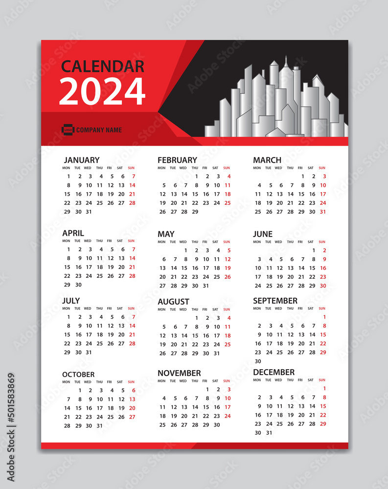 Vecteur Stock Calendar 2024 Template, Wall Calendar 2024 Year | 2024 Year Calendar