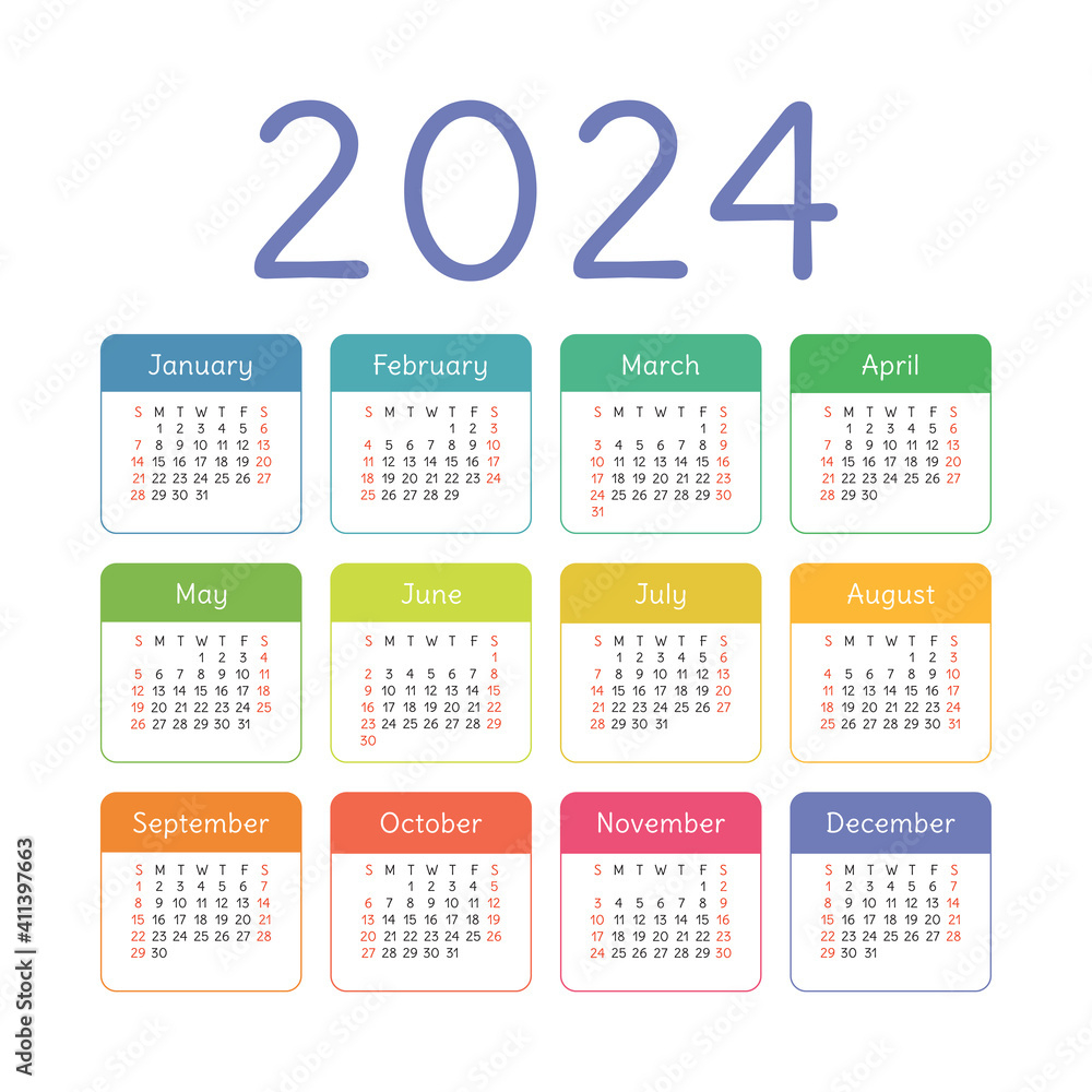 Vecteur Stock Calendar 2024 Year. English Colorful Vector Square | 2024 Year Calendar