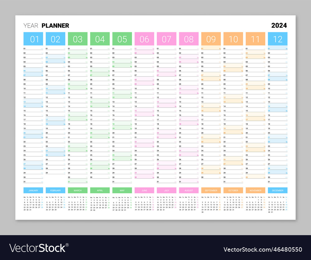 Wall Yearly Planner Calendar For 2024 Colorful Vector Image | 2024 Yearly Calendar And Planner