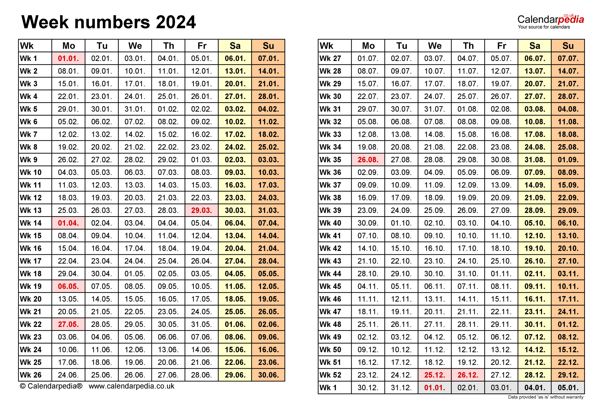 Week Numbers 2024 With Excel, Word And Pdf Templates | Printable Calendar 2024 Week Numbers