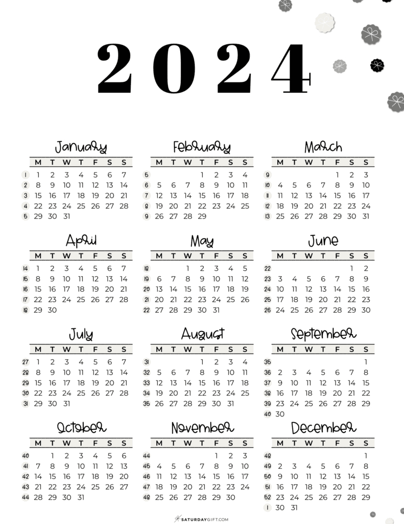 Week Numbers For 2024 - What Week Is It? | Saturdaygift | 2024 Calendar Printable Start Monday