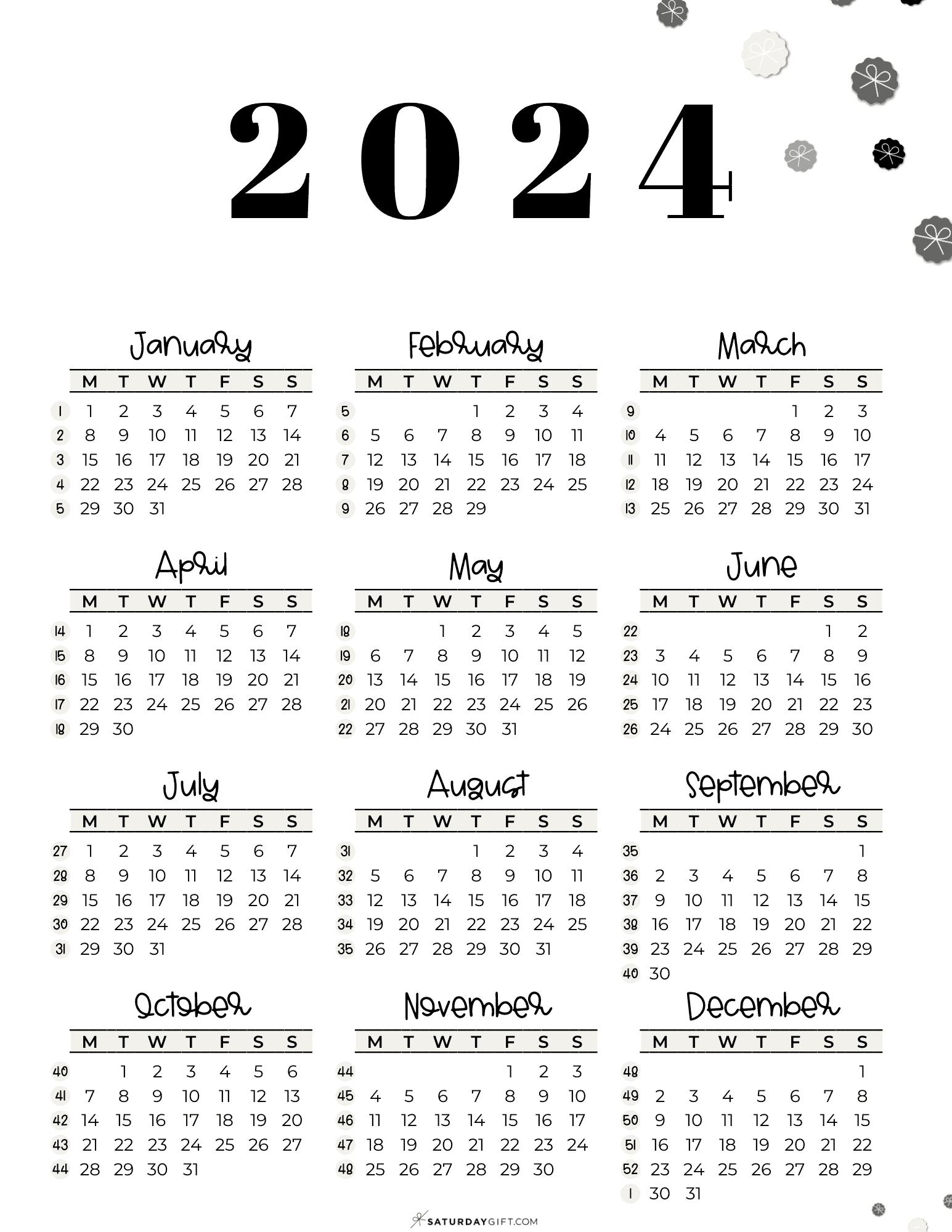 Week Numbers For 2024 - What Week Is It? | Saturdaygift | 2024 Year Calendar Starting Monday