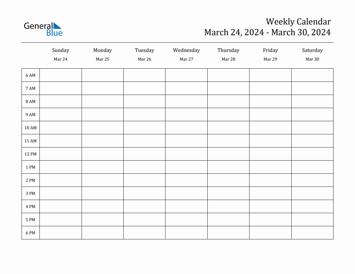 Weekly Calendar - March 24, 2024 To March 30, 2024 - General Blue | General Blue 2024 Printable Calendar