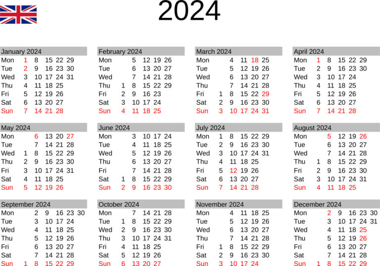 Year 2024 Calendar In English With United Kingdom Holidays | 2024 Calendar Uk