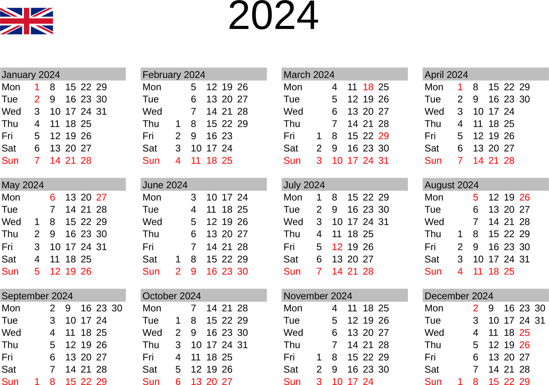 Year 2024 Calendar In English With United Kingdom Holidays | Yearly Calendar 2024 With Holidays Uk