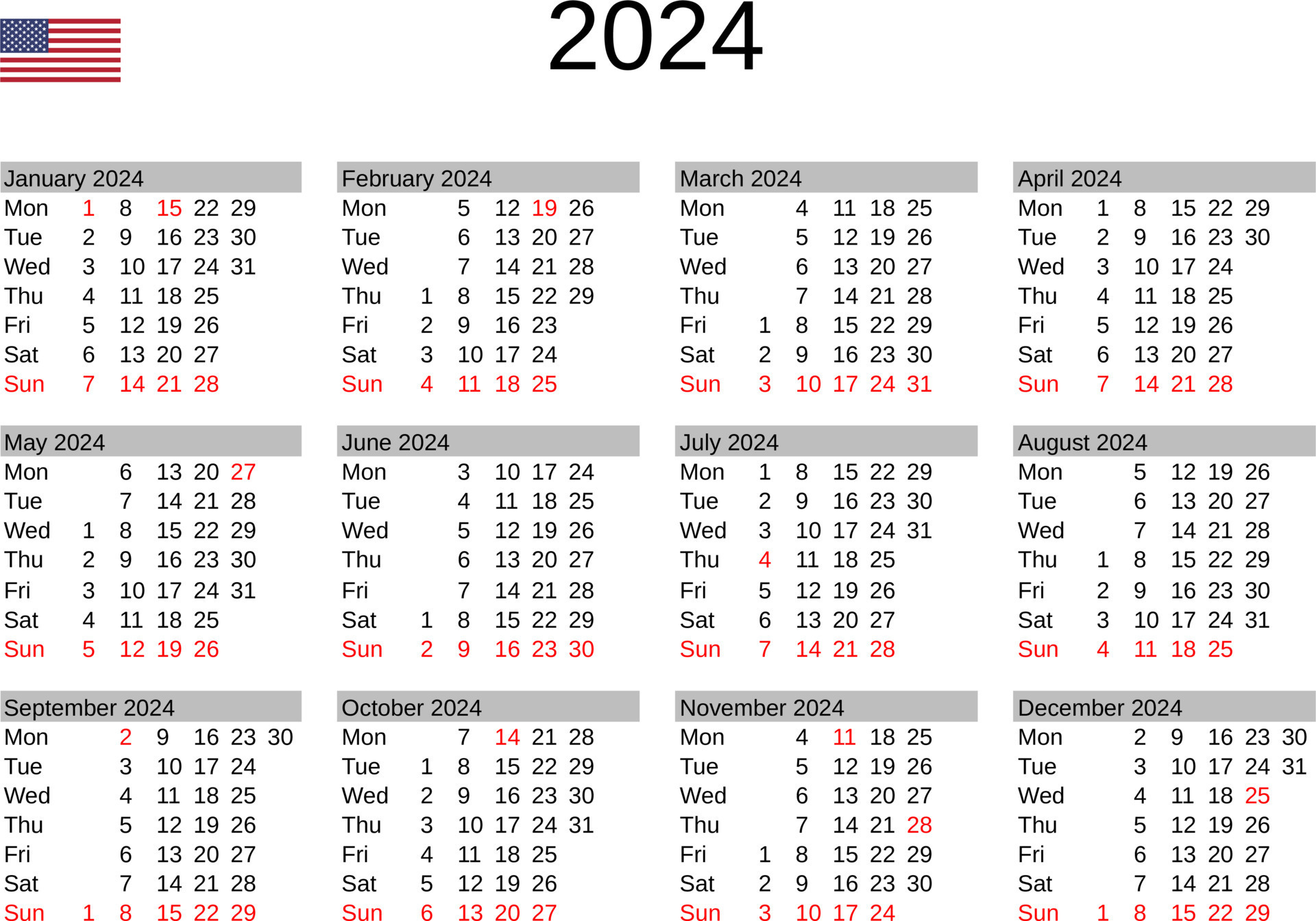 Year 2024 Calendar In English With United States Holidays 22793797 | Calendar For 2024 United States