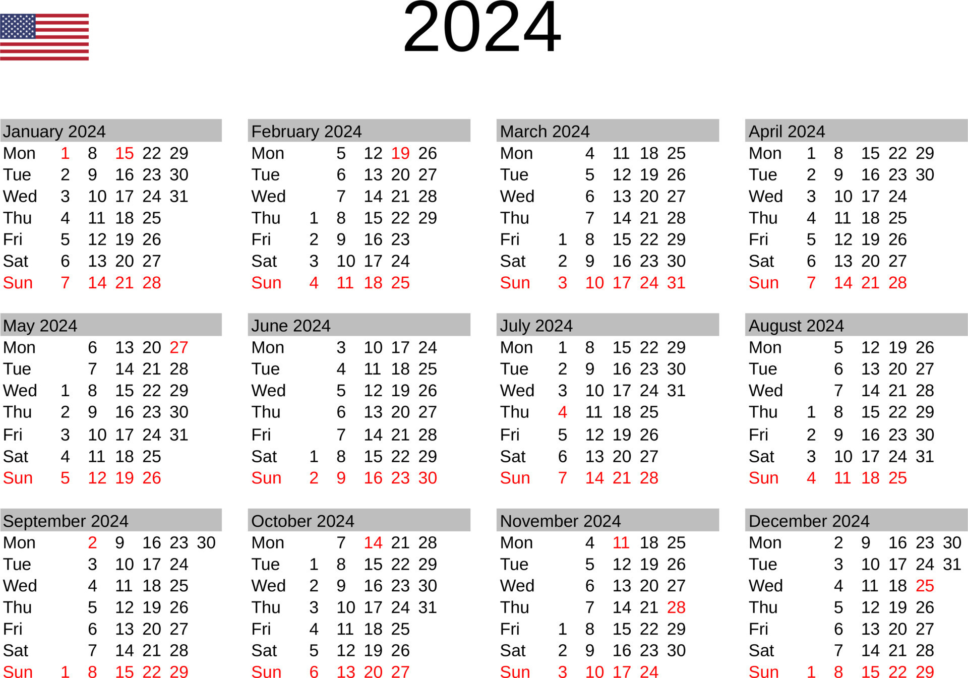 Year 2024 Calendar In English With United States Holidays 22793797 | Printable Calendar For Year 2024 United States