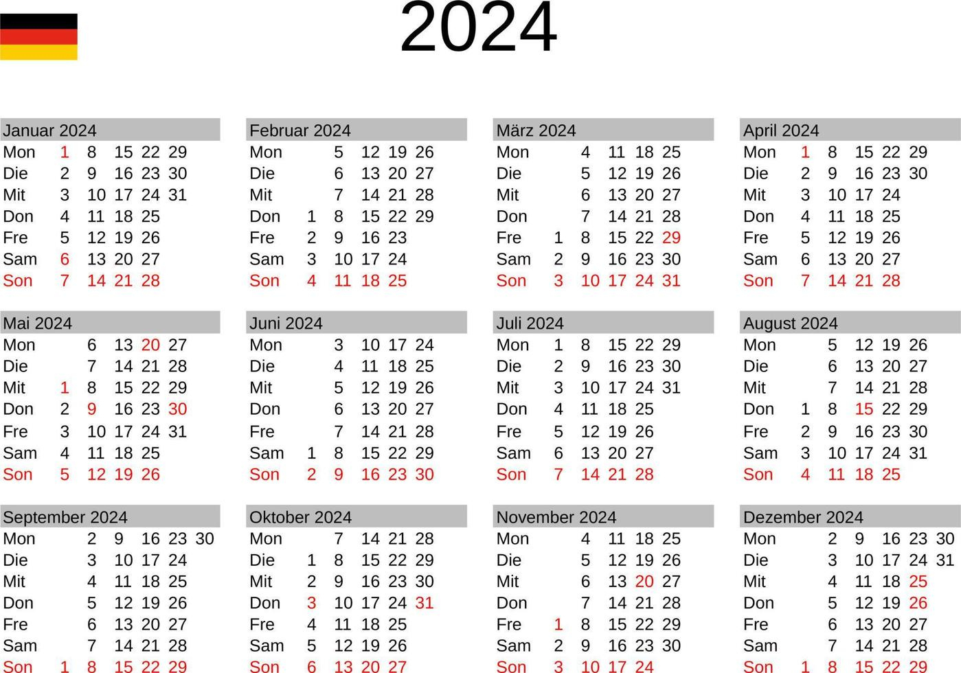 Year 2024 Calendar In German With Germany Holidays 22819461 Vector | Printable Calendar 2024 Germany