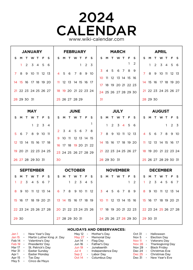 Year 2024 Calendar Printable With Holidays - Wiki Calendar | 2024 Yearly Calendar Printable with Holidays