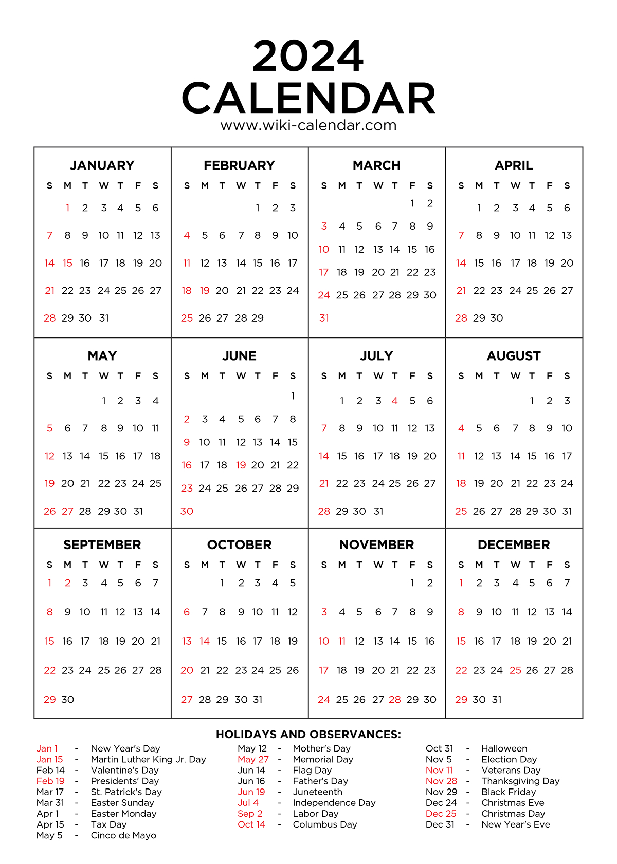 Year 2024 Calendar Printable With Holidays - Wiki Calendar | 2024 Yearly Calendar with Holidays