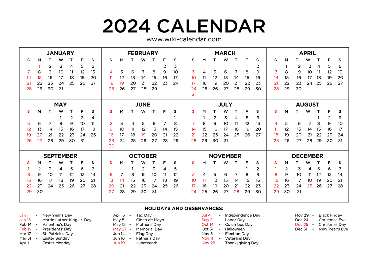 Year 2024 Calendar Printable With Holidays - Wiki Calendar | Printable Calendar 2024 Win