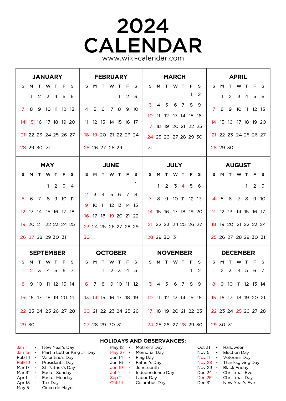 Year 2024 Calendar Printable With Holidays - Wiki Calendar | Printable Calendar 2024 With Holidays Free Download