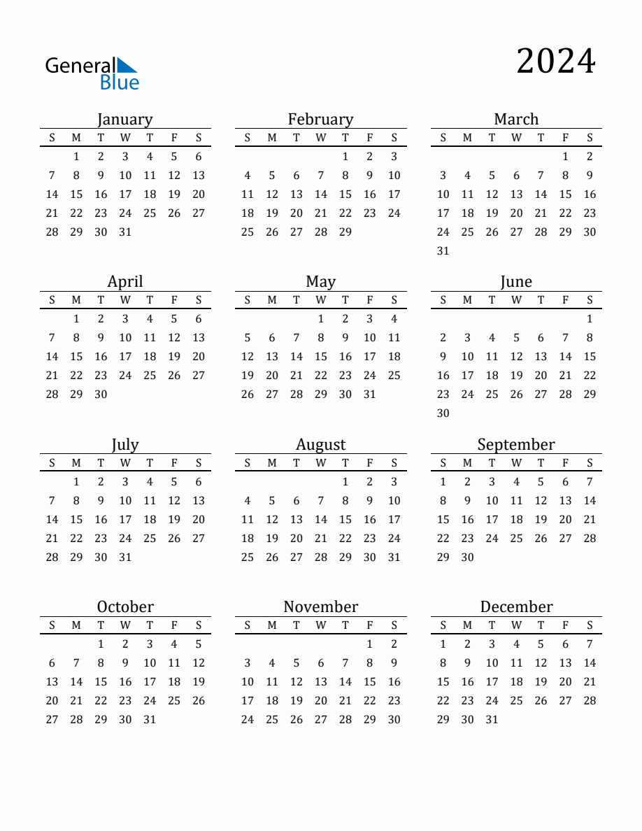 Year 2024 Free Printable 12-Month Calendar | Printable 2024 Calendar 12 Months