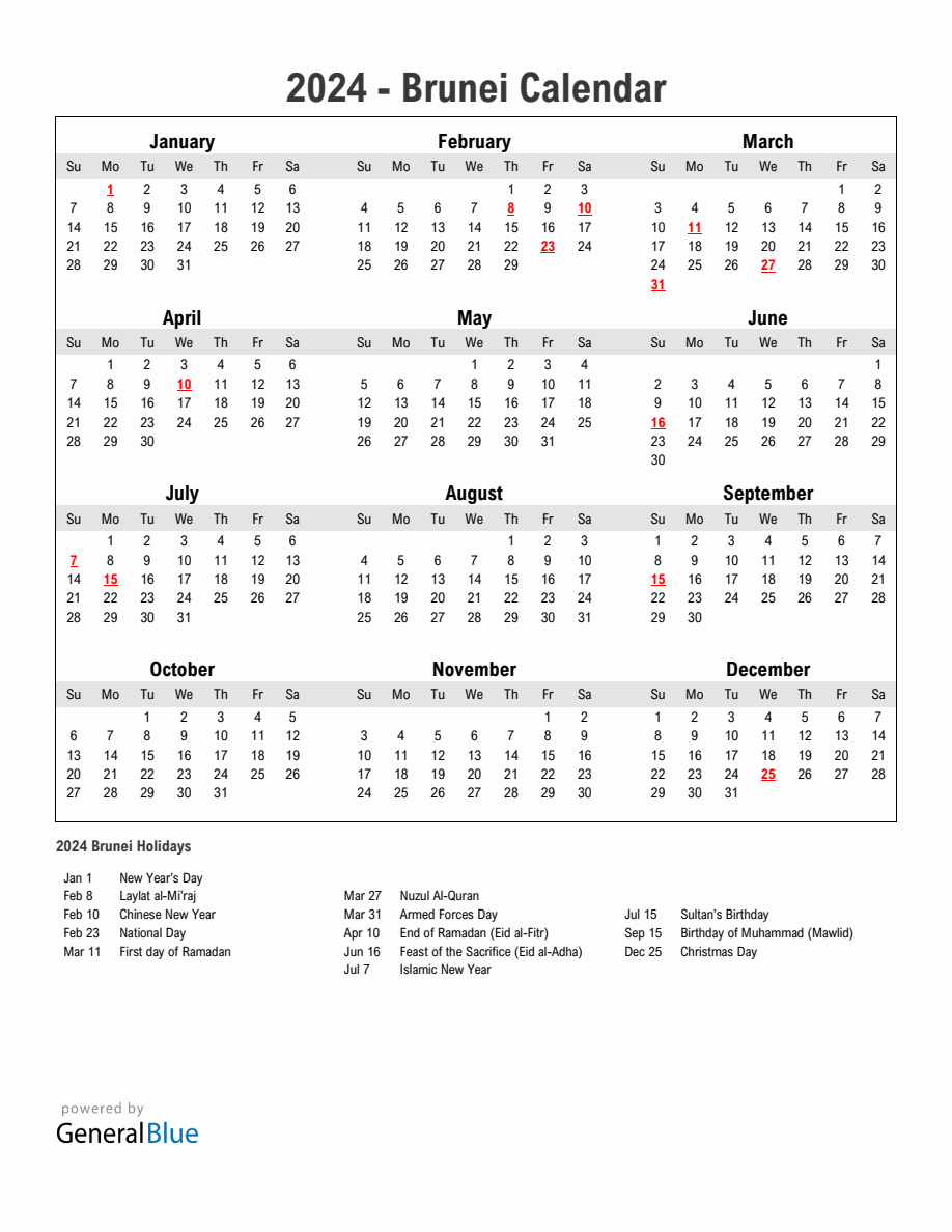 Year 2024 Simple Calendar With Holidays In Brunei | Printable Calendar 2024 Brunei
