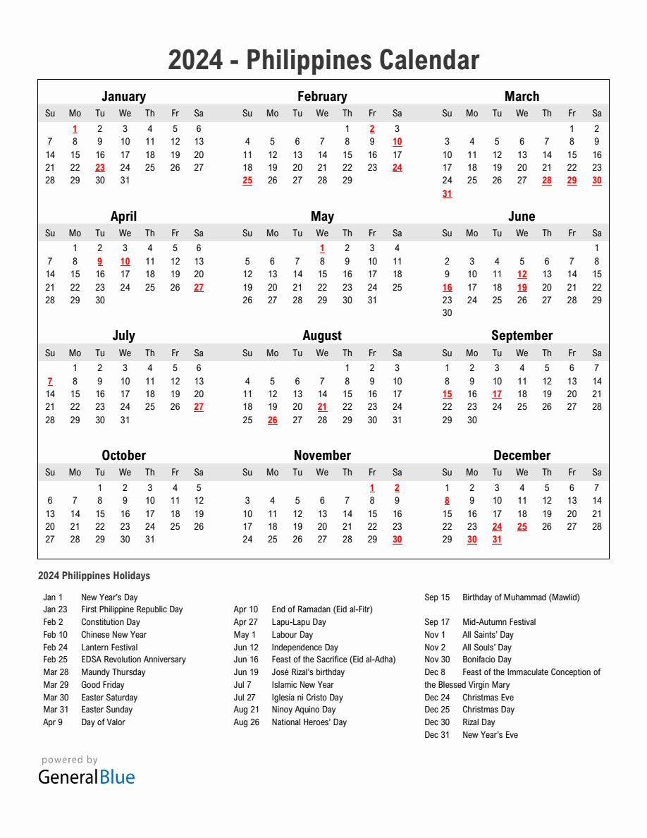 Year 2024 Simple Calendar With Holidays In Philippines | Printable Calendar 2024 With Holidays Philippines Free Download
