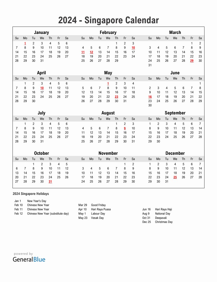Year 2024 Simple Calendar With Holidays In Singapore | Printable Calendar 2024 Singapore Public Holiday
