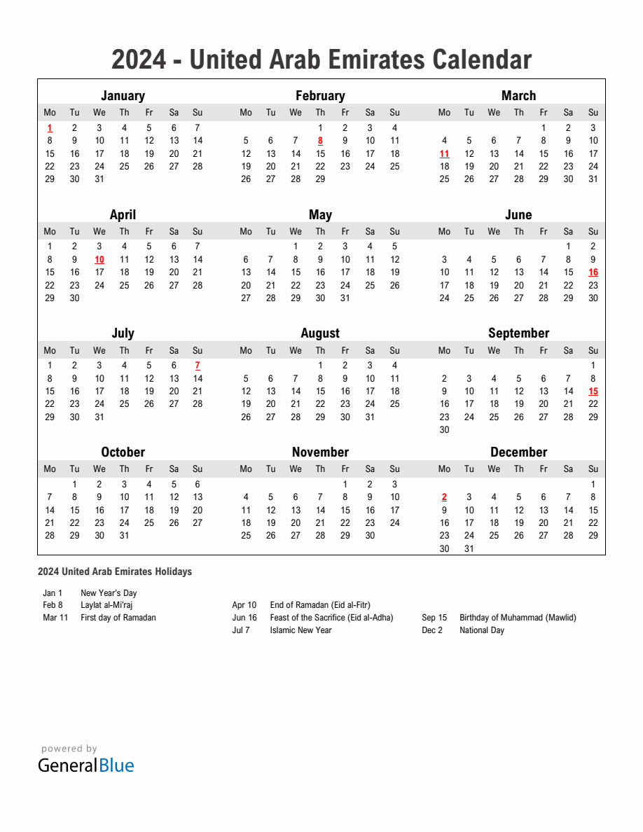 Year 2024 Simple Calendar With Holidays In United Arab Emirates | Printable Calendar 2024 UAE