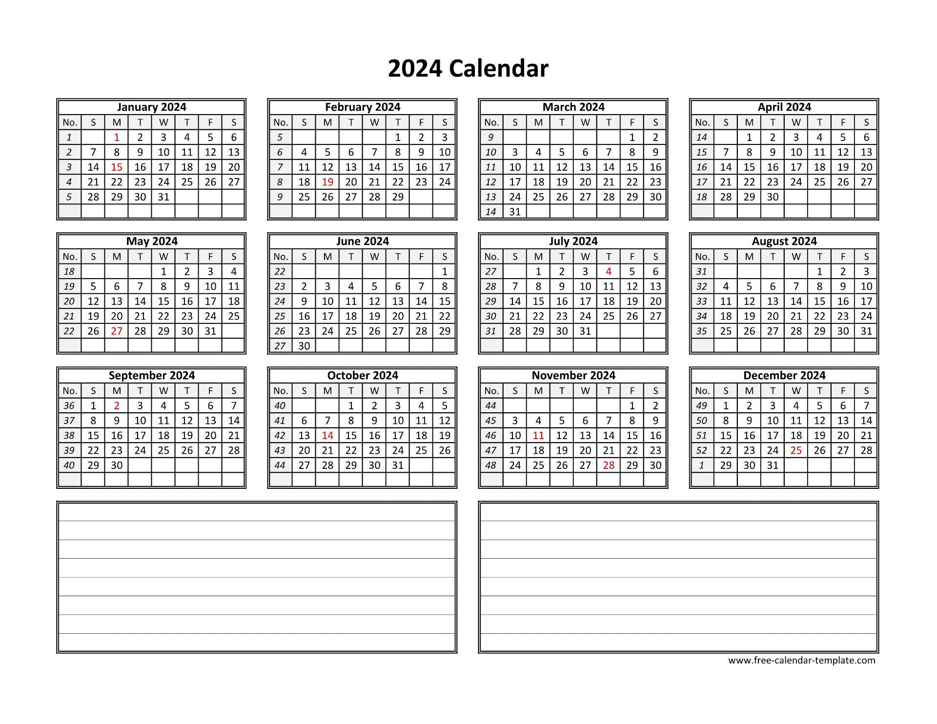 Yearly 2024 Calendar Printable With Space For Notes | Free | 2024 Yearly Calendar By Month