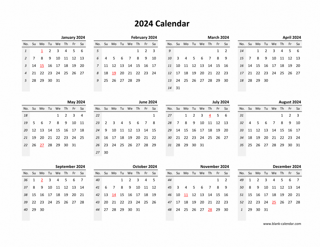 Yearly 2024 Calendars | 2024 Annual Calendar One Page