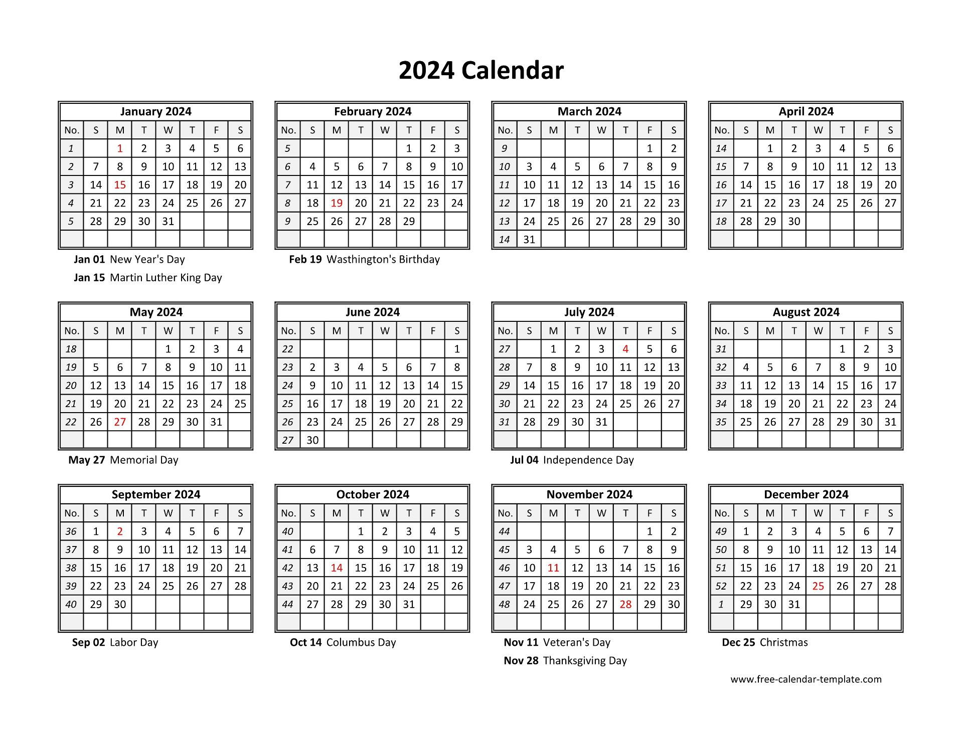 Yearly Calendar 2024 Printable With Federal Holidays | Free | 2024 Calendar Printable One Page Word