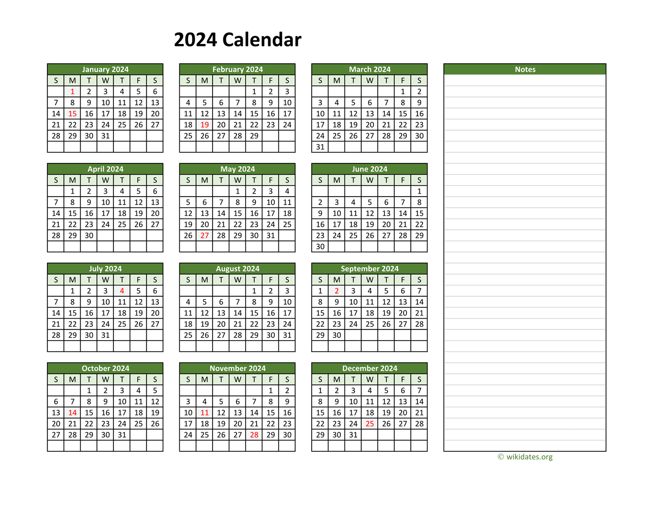 Yearly Printable 2024 Calendar With Notes | Wikidates | 2024 Calendar Printable With Notes