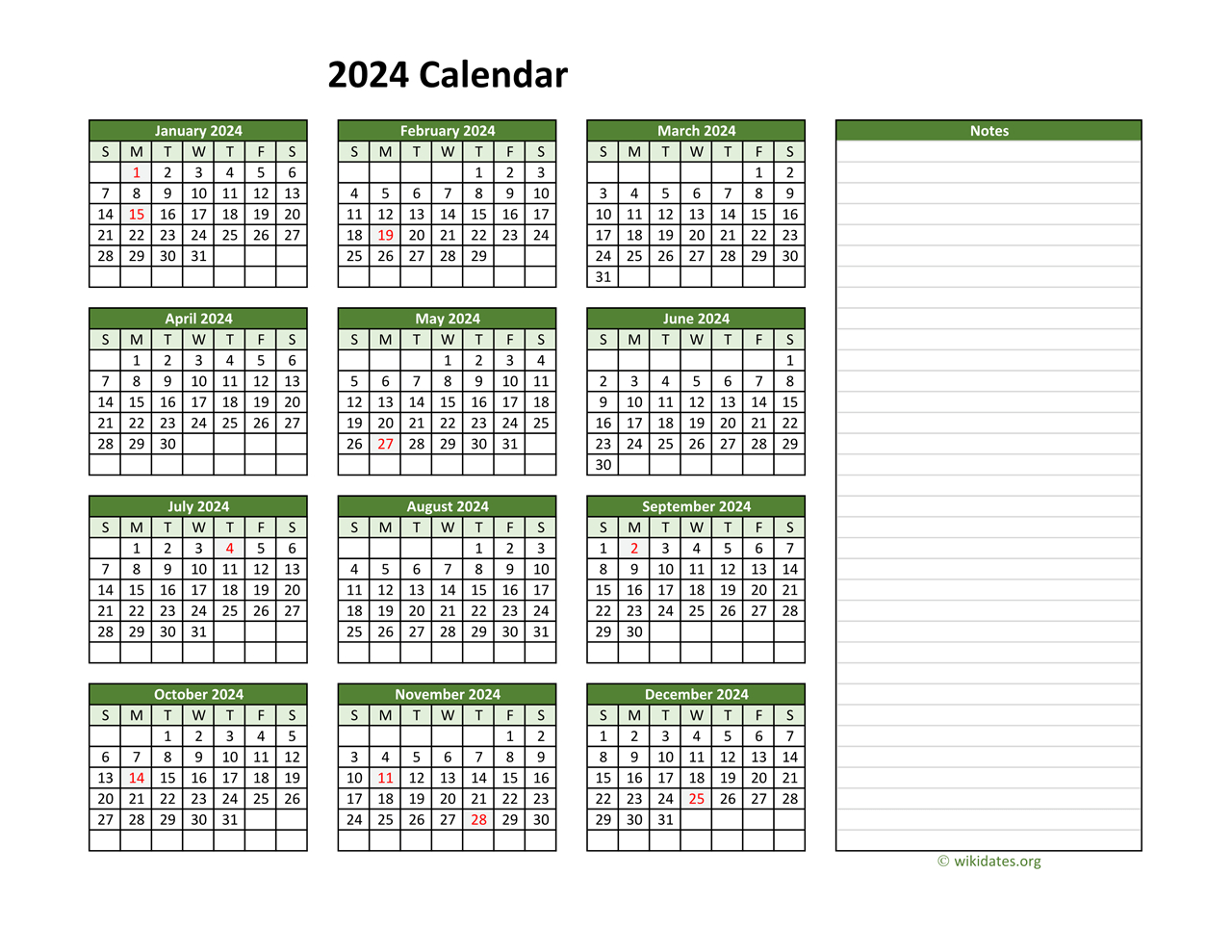 Yearly Printable 2024 Calendar With Notes | Wikidates | Printable Calendar 2024 With Notes