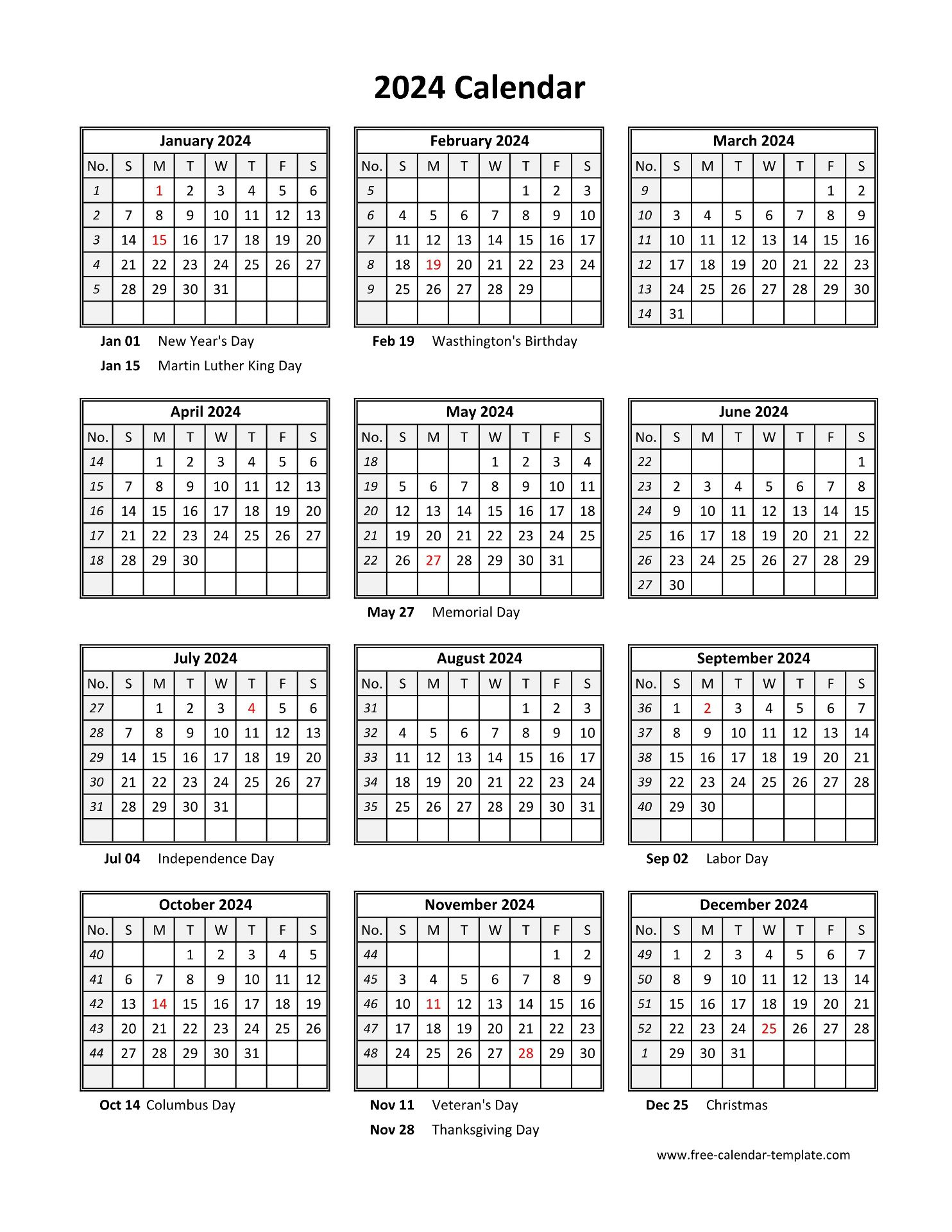 Yearly Printable Calendar 2024 With Holidays | Free-Calendar | 1 Year Printable Calendar 2024