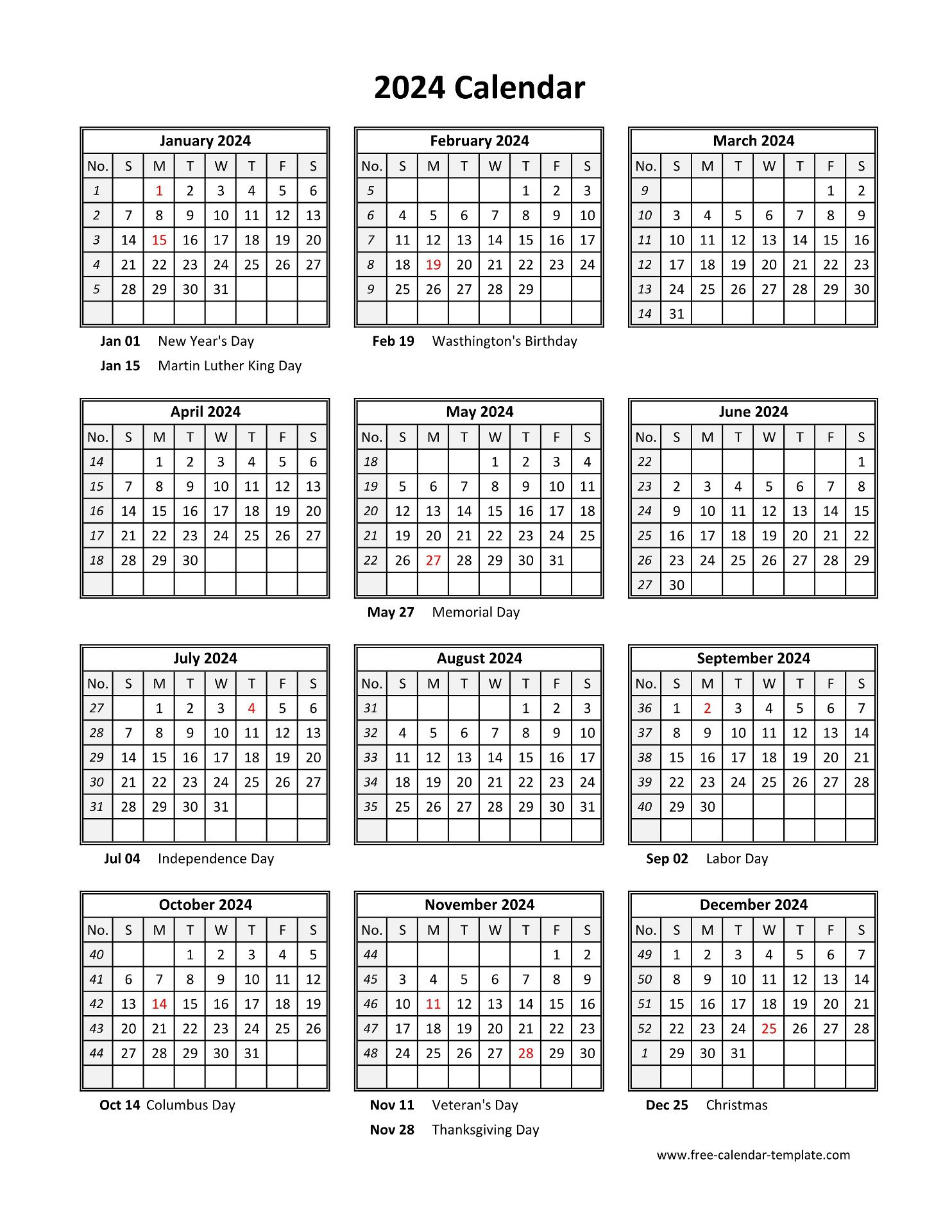 Yearly Printable Calendar 2024 With Holidays | Free-Calendar | 2024 Calendar Printable One Page Per Month