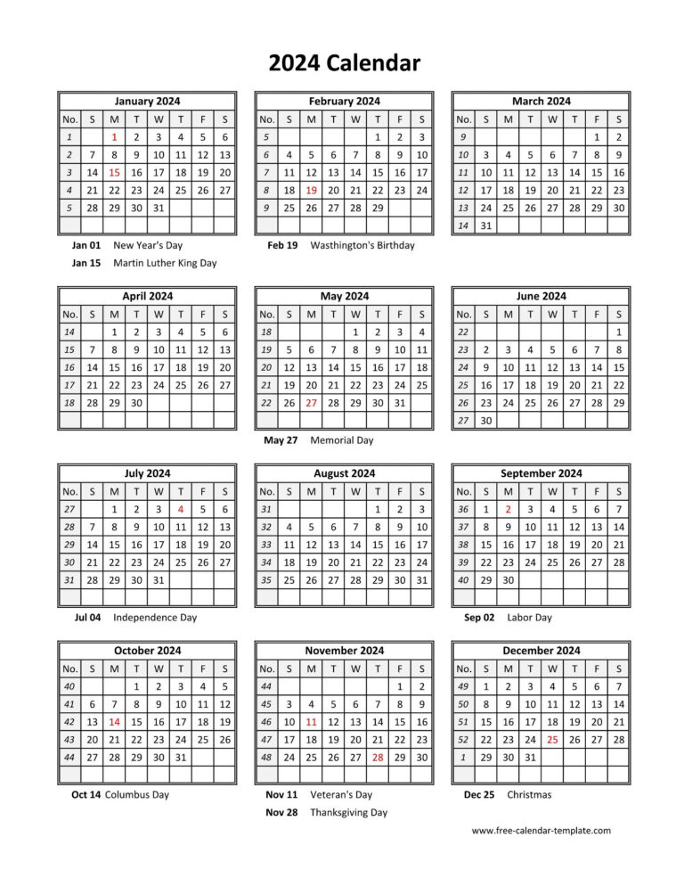 Yearly Printable Calendar 2024 With Holidays | Free-Calendar | Free Printable Yearly Calendar 2024 with Lines