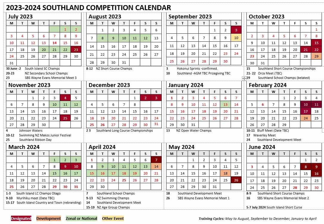 1 July 2023 -30 June 2024 Southland Swimming Calendar | A Calendar Year Is July 1 To June 30