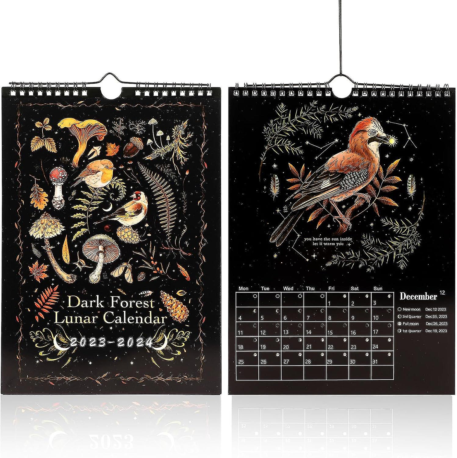 12X8Inch Dark Forest Lunar Calendar 2023-2024, July 2023- June 2024 Wall Calendar With 12 Illustrations, 12 Monthly Colorful Wall Calendar For Home Of | July To June Wall Calendar