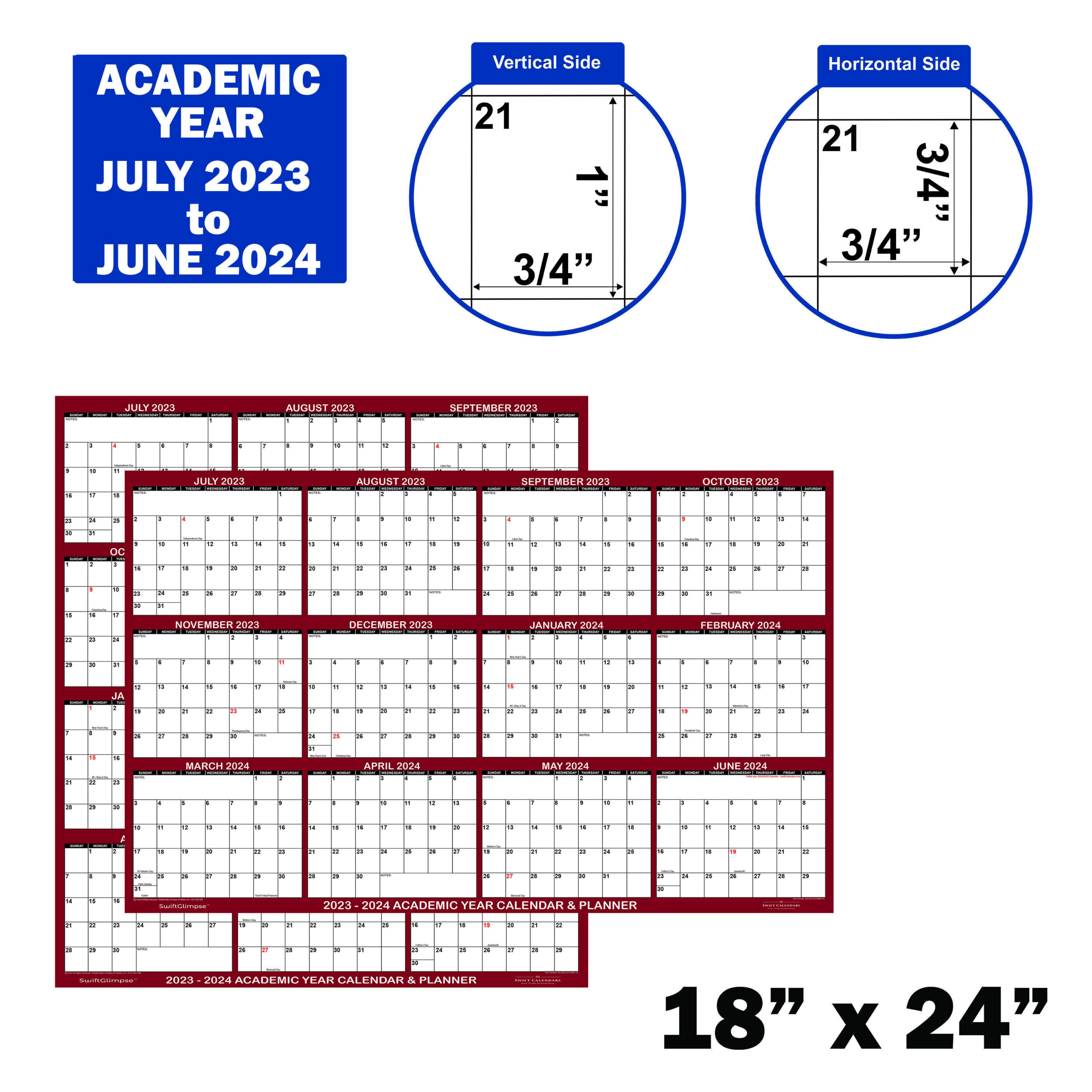 2023- 2024 Academic Planning Calendar 18&amp;quot; X 24&amp;quot; Maroon | Academic Calendar July 2024 to June 2024