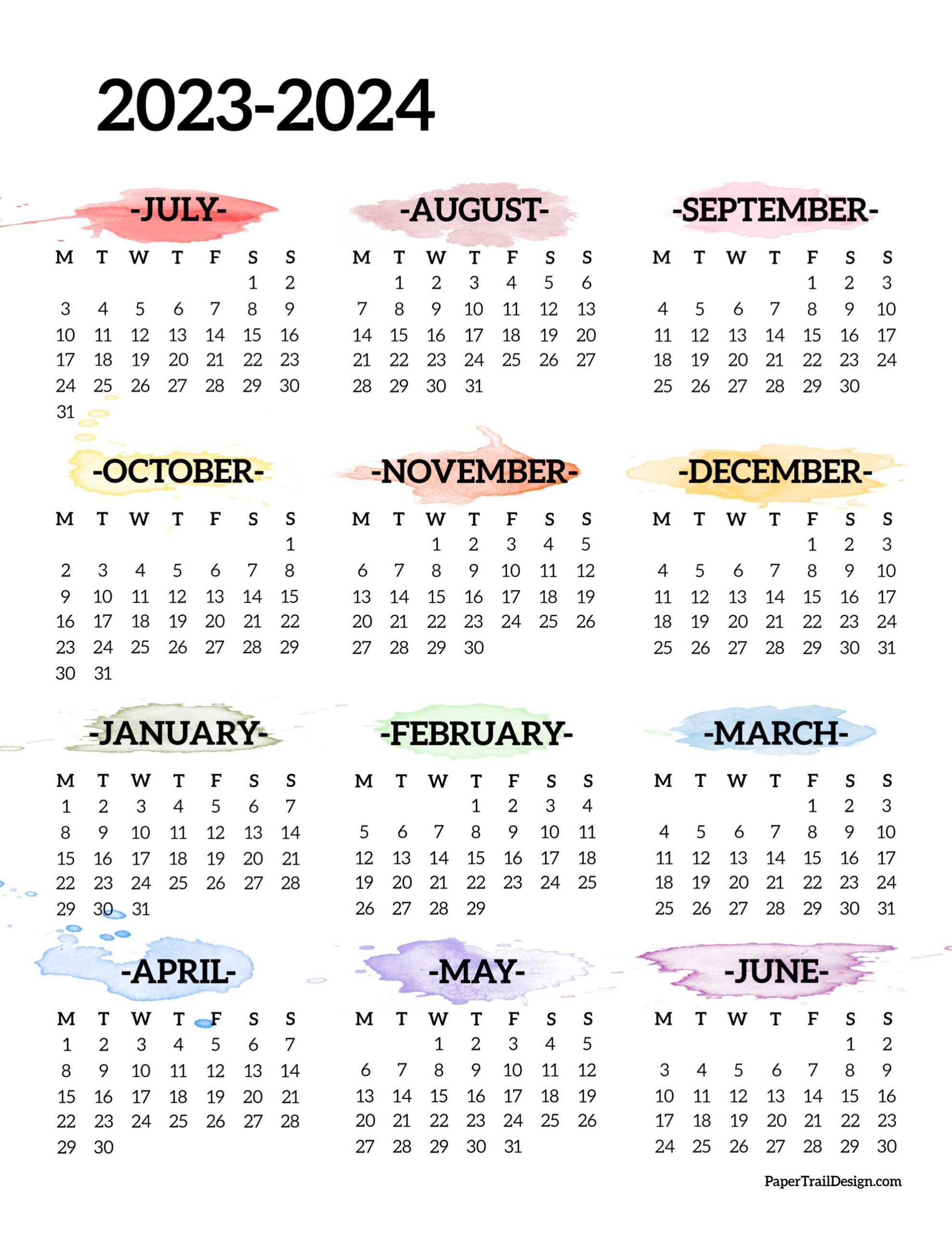 2023-2024 School Year Calendar Free Printable - Paper Trail Design | Yearly Calendar July 2024 To June 2024