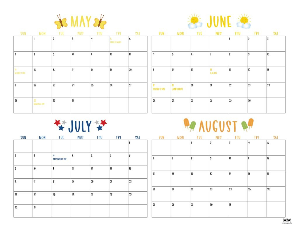 2023 Four Month Calendars - 18 Free Printables | Printabulls | Calendar May June July August