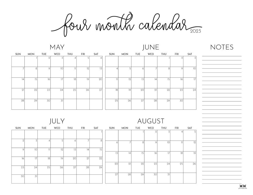 2023 Four Month Calendars - 18 Free Printables | Printabulls | Calendar May June July August