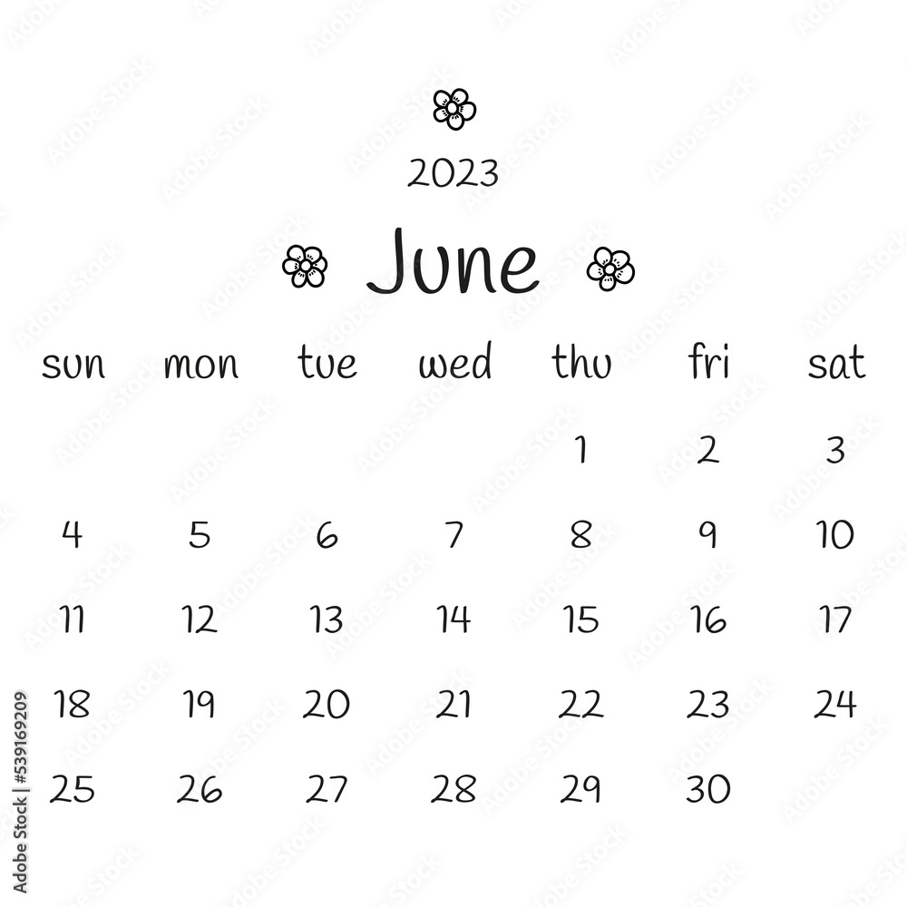 2023 June Calendar With Abstract Chamomile Flowers. Black And | Black and White June Calendar