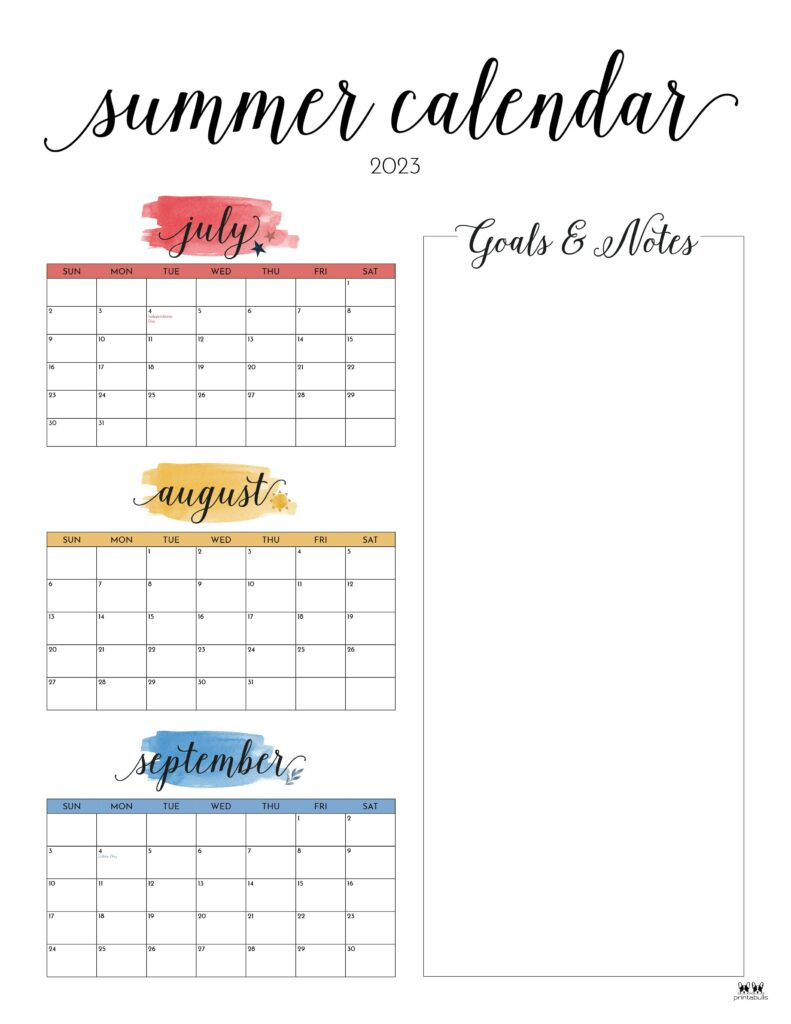 2023 Summer Calendars - 18 Free Printables | Printabulls | Blank Calendar For June July and August