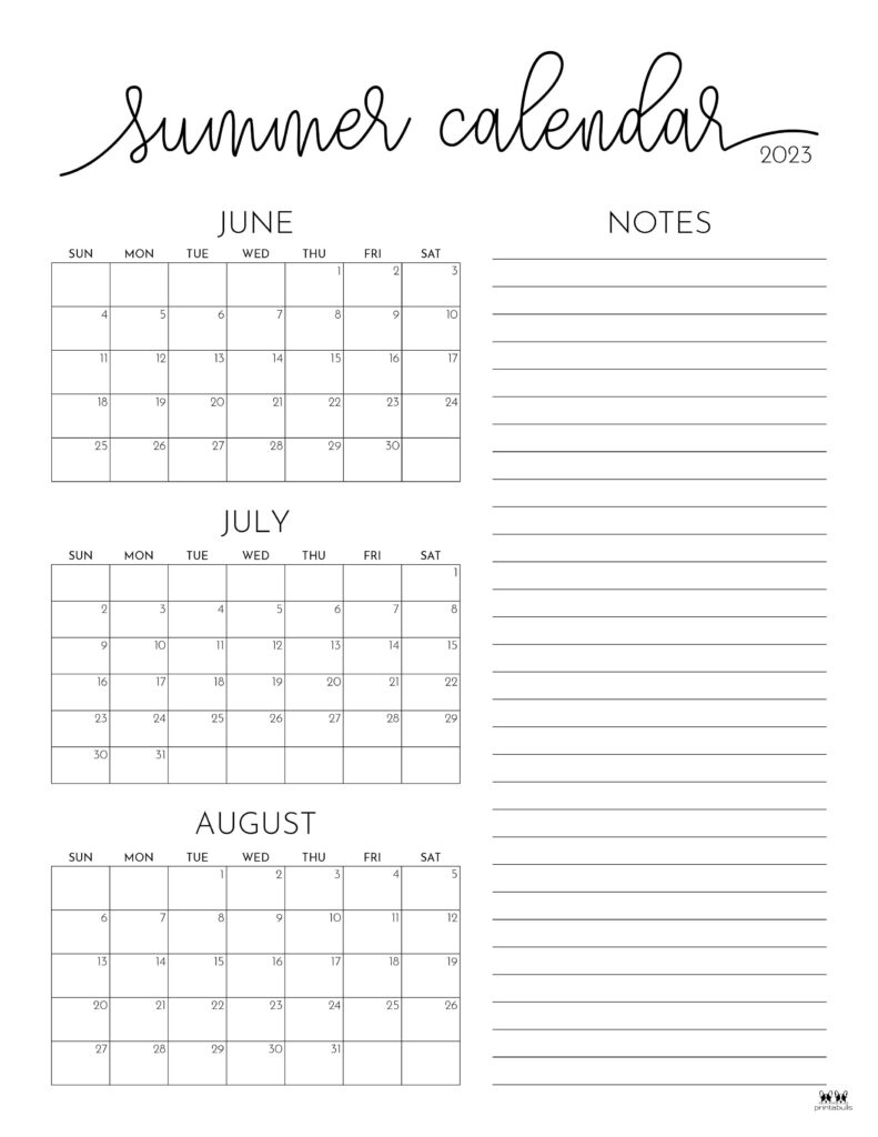 2023 Summer Calendars - 18 Free Printables | Printabulls | Blank Calendar For June July and August