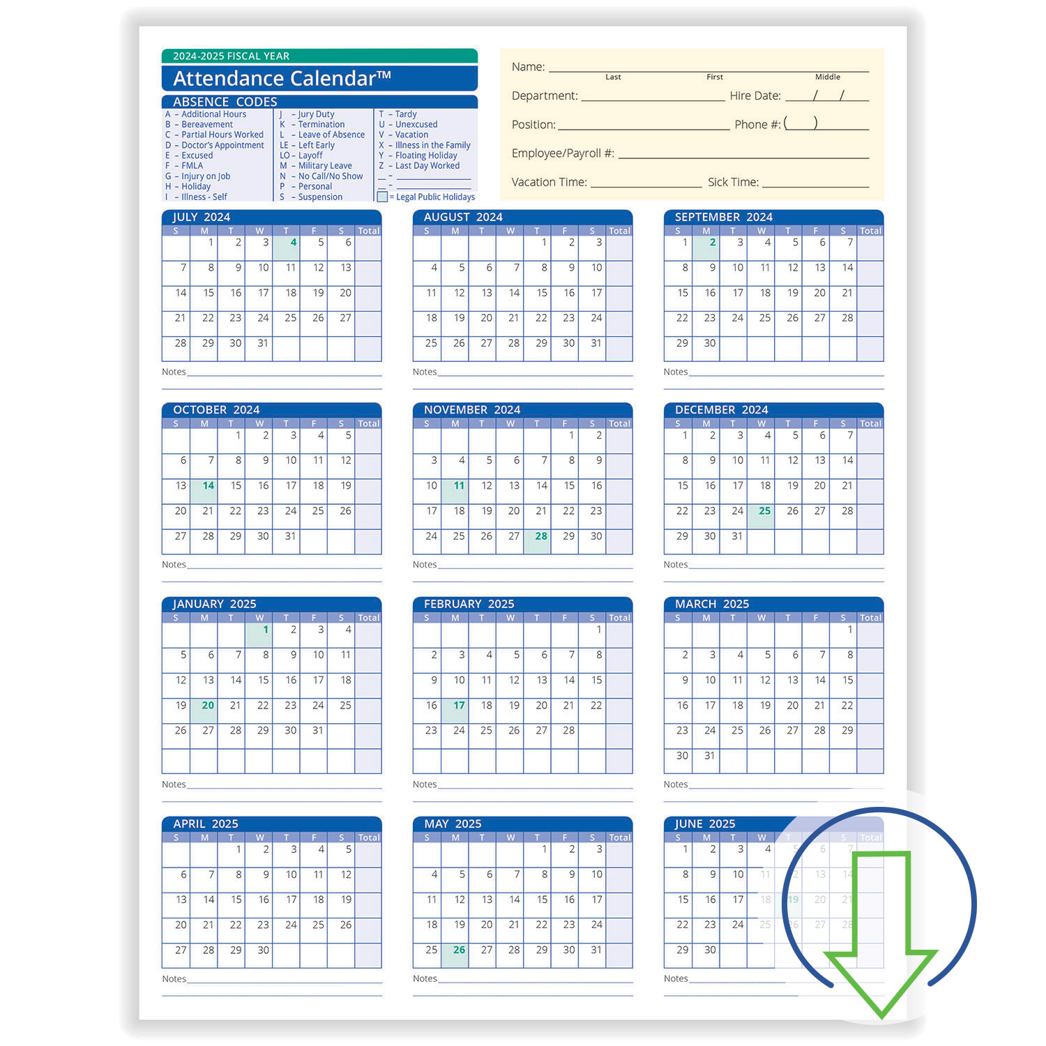 2024 Downloadable Fiscal Year Employee Attendance Calendar | Hrdirect | Fiscal Year Calendar July 2024 To June 2024