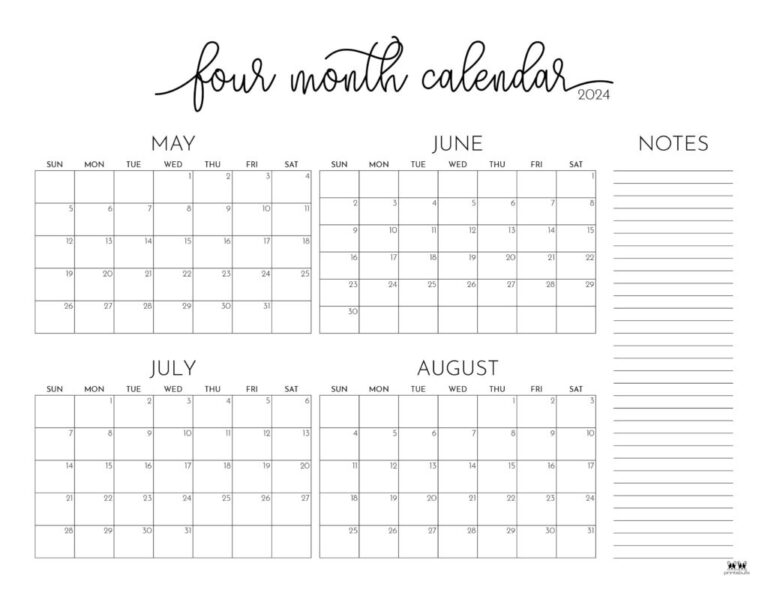 2024 Four Month Calendars - 18 Free Printables | Printabulls | Calendar May June July August 2024