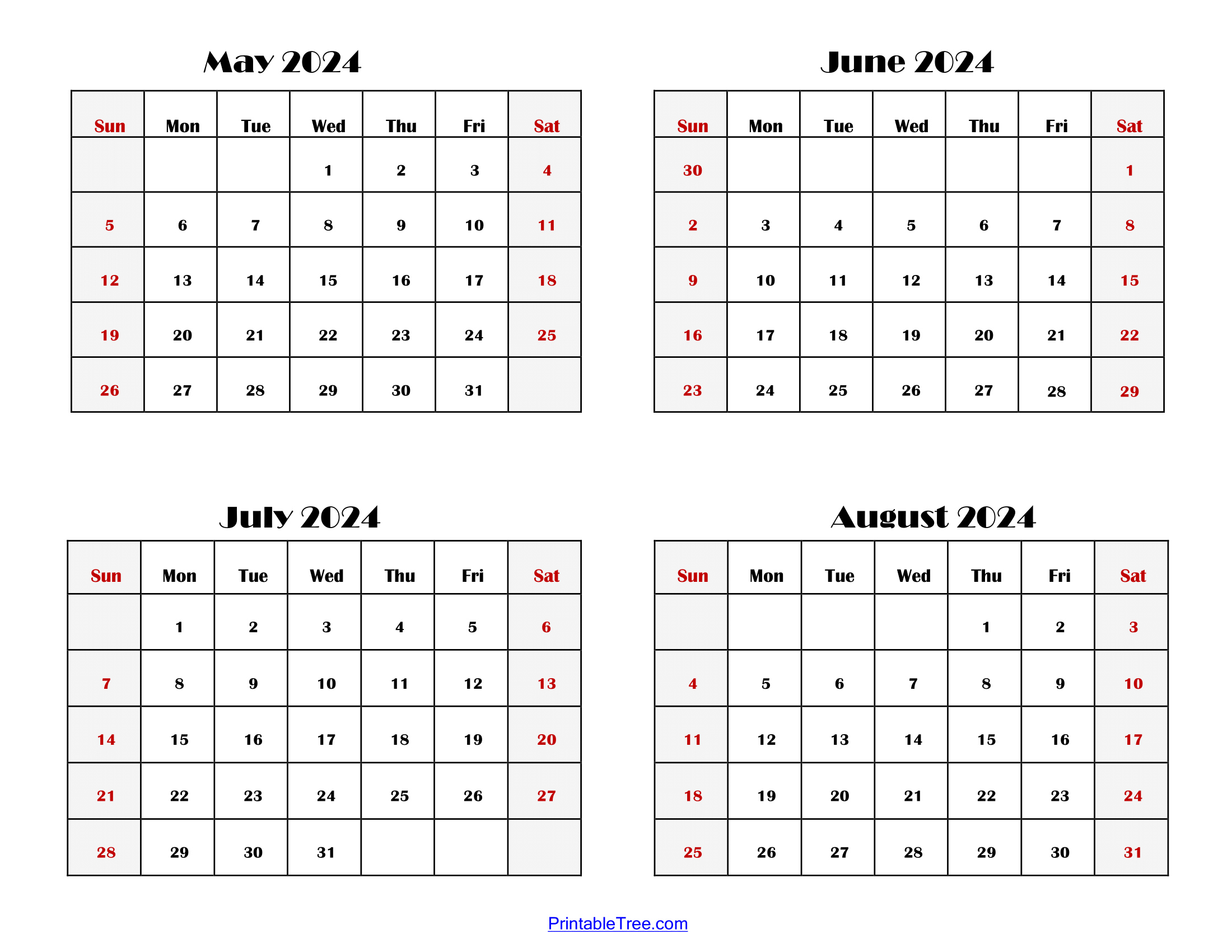 2024 Four Month Calendars Printable Pdf- 4 Months Calendar One Page | April May June July 2024 Calendar