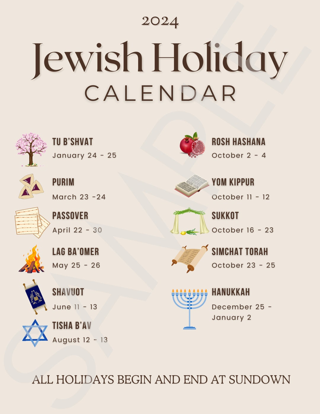 2024 Jewish Holiday Calendar - Etsy | June 26 2024 Hebrew Calendar