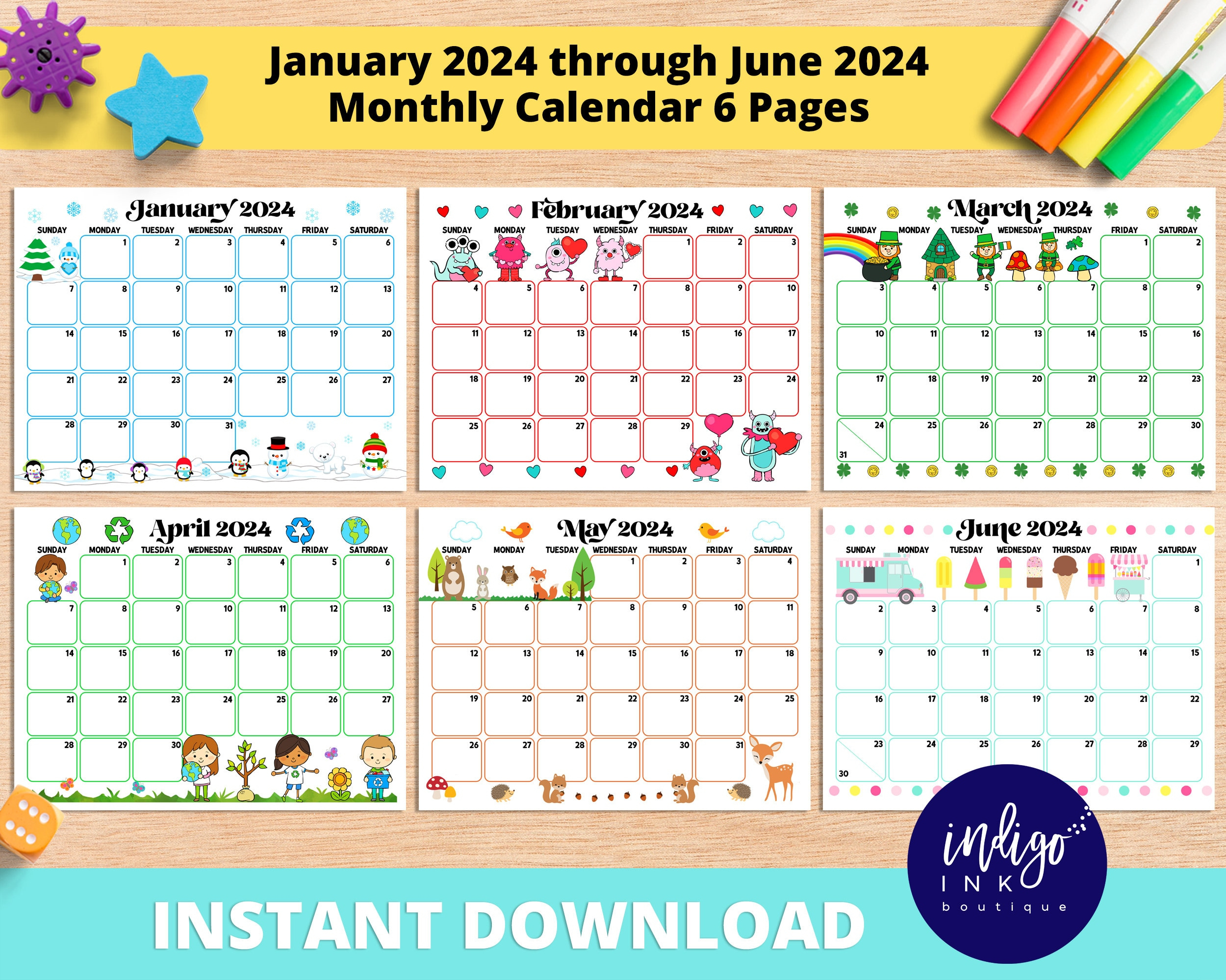 2024 Monthly Calendar Printable Instant Download January 2024 | January To June 2024 Calendar