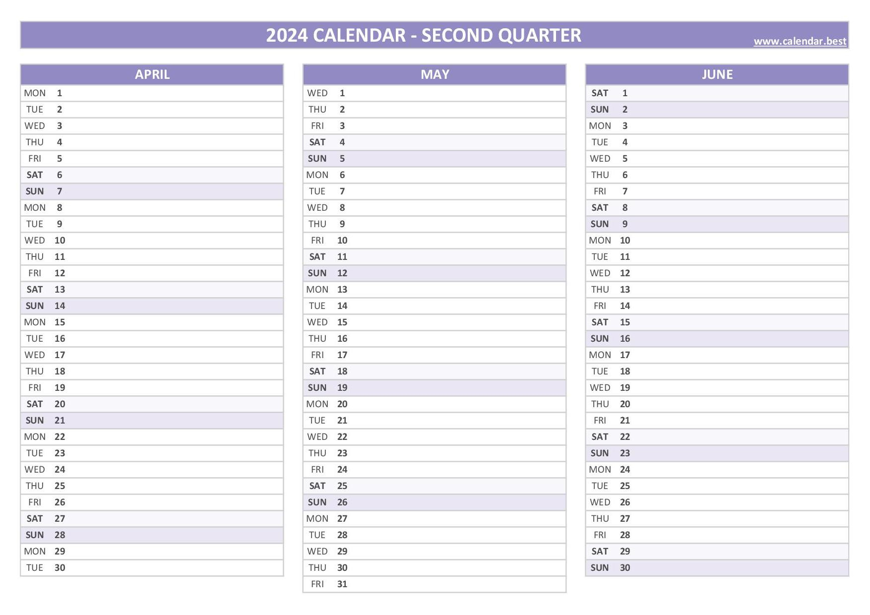 2024 Quarterly Calendar To Print | Calendar March April May June 2024