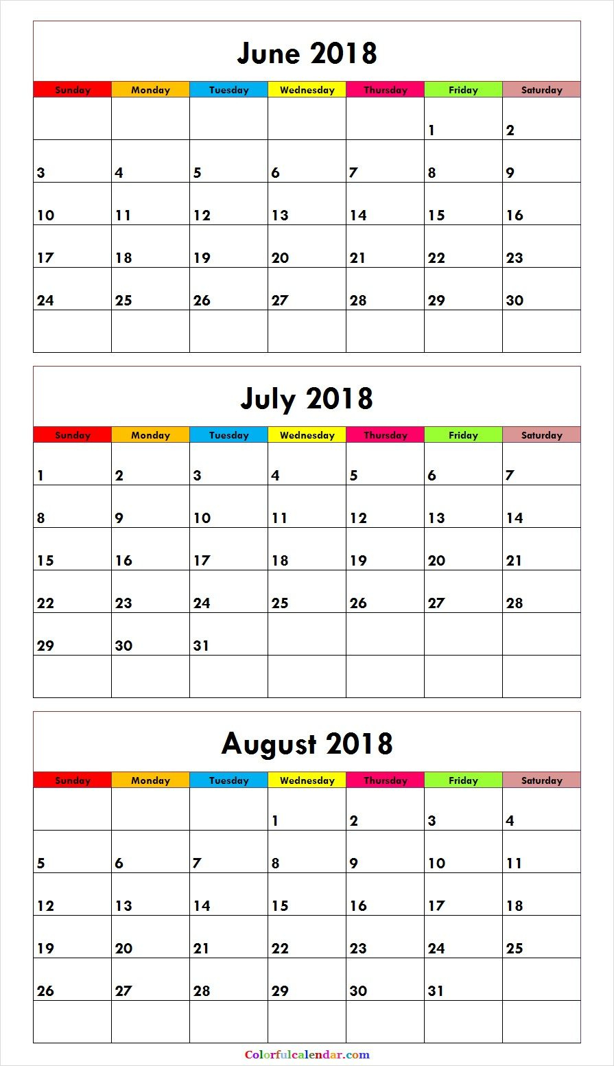 3 Month June July August 2018 Calendar Green | June Calendar | Blank Calendar For June July And August